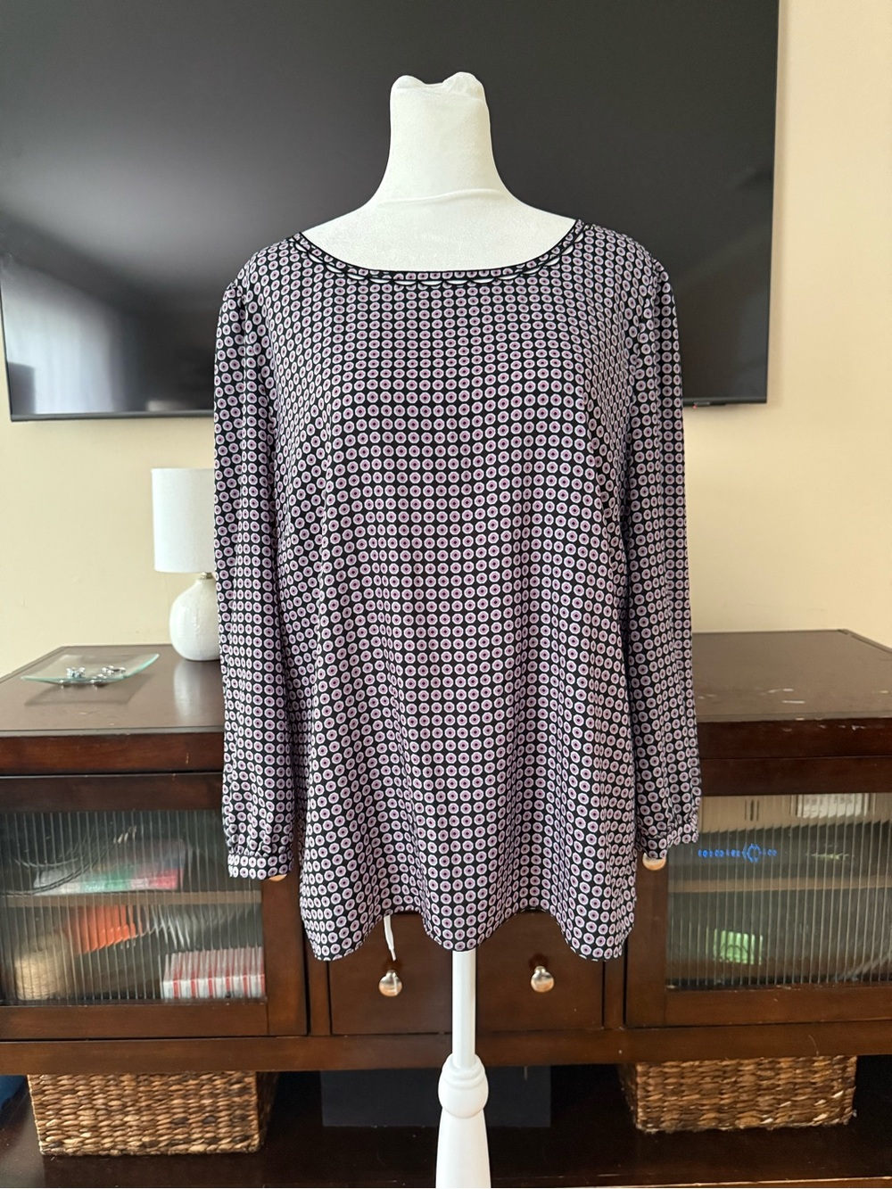 J. Crew Black and White Geometric Long-Sleeve Blouse